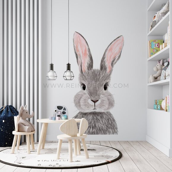 Grey Bunny Rabbit Kids Room Wallpaper | Adorable Animal Wallpaper - Picture 3 of 9